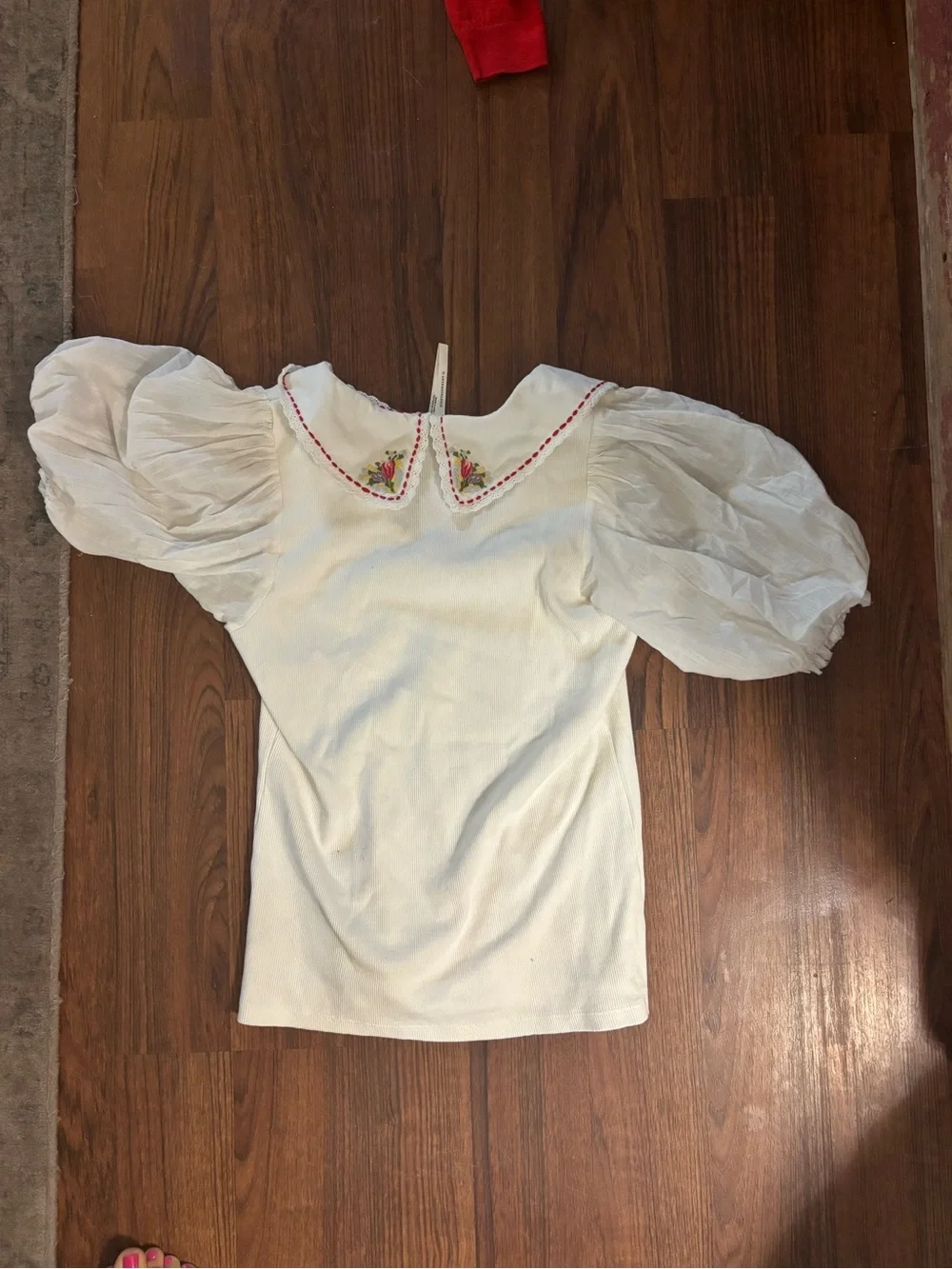 White Puff-Sleeve V-Neck Top with Embroidered Collar Anthropologie
